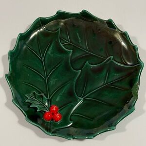 Vintage Lefton Ceramic Green Holly Candy Dish or Tidbit Plate Made in Japan